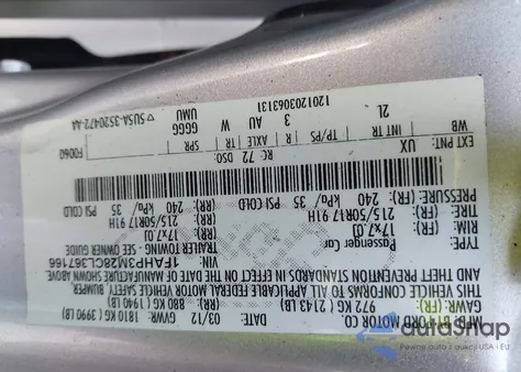 2012 Ford Focus z USA, uszkodzony, nr VIN 1FAHT3M28CL367166